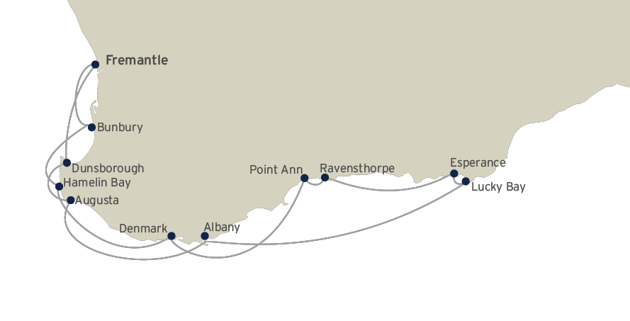 Route map of Whales & Trails of Western Australia cruise round-trip from Fremantle with visits to Bunbury, Dunsborough, Hamelin Bay, Augusta, Denmark, Albany, Point Ann, Ravensthorpe, Esperance & Lucky Bay.