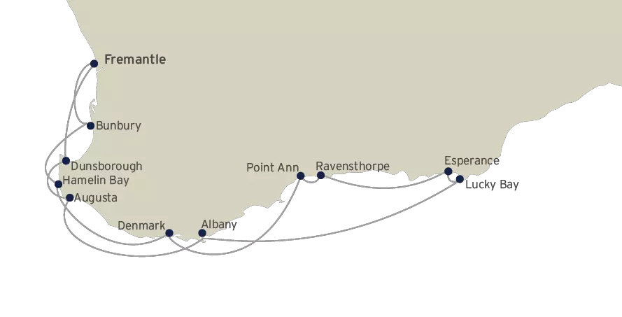 Route map of Whales & Trails of Western Australia cruise round-trip from Fremantle with visits to Bunbury, Dunsborough, Hamelin Bay, Augusta, Denmark, Albany, Point Ann, Ravensthorpe, Esperance & Lucky Bay.