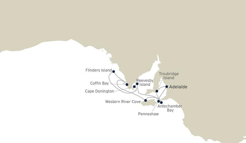 Route map of Wild Islands & Walks of South Australia cruises, round-trip from Adelaide with visits to Troubridge Island, Antechamber Bay, Penneshaw, Western River Cove, Reevesby Island, Cape Donington, Coffin Bay & Flinders Island.