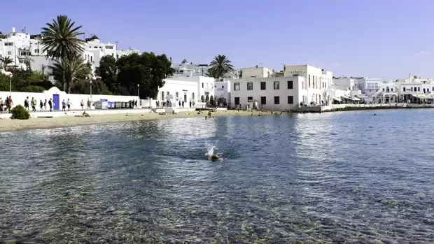 Greek town of Folegandros with white building lining the beach shores and a swimmer in the blue waters.