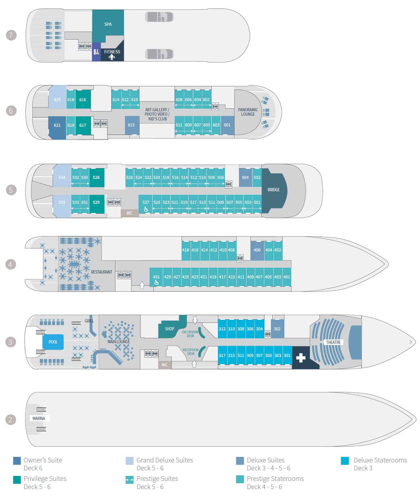 Deck plan of 184-guest Le Bougainville ship, showing 4 passenger decks with 88 staterooms & 4 suites.