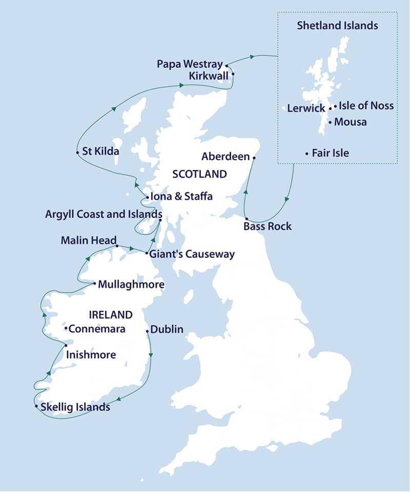 A cruise route map showing the Sylvia Earle's stops from Dublin, Ireland, to Aberdeen, Scotland.