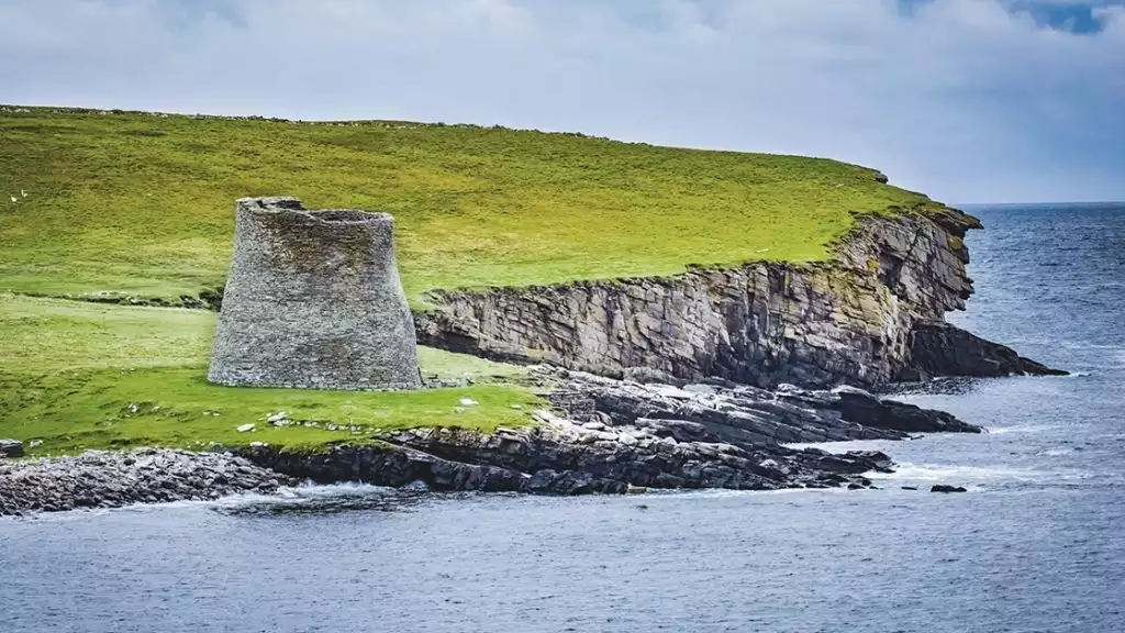 Mousa Broch, the finest preserved example of an Iron Age round tower, in Shetland, Scotland.