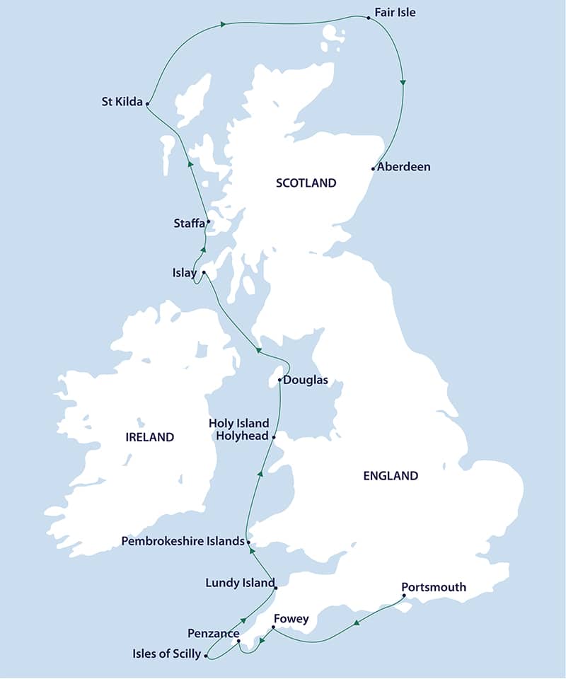 A cruise route map showing the Greg Mortimer's itinerary and many stops from Portsmouth, England, to Aberdeen, Scotland.