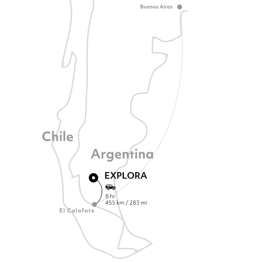 Map showing where Explora Lodge El Chaltén sits in Southern Argentina near El Calafate, an 8-hour overland drive.