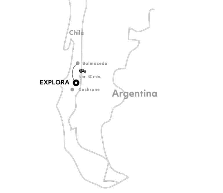 Map showing where Explora Patagonia National Park Lodge sits near Balmaceda and Cochrane in Chile.
