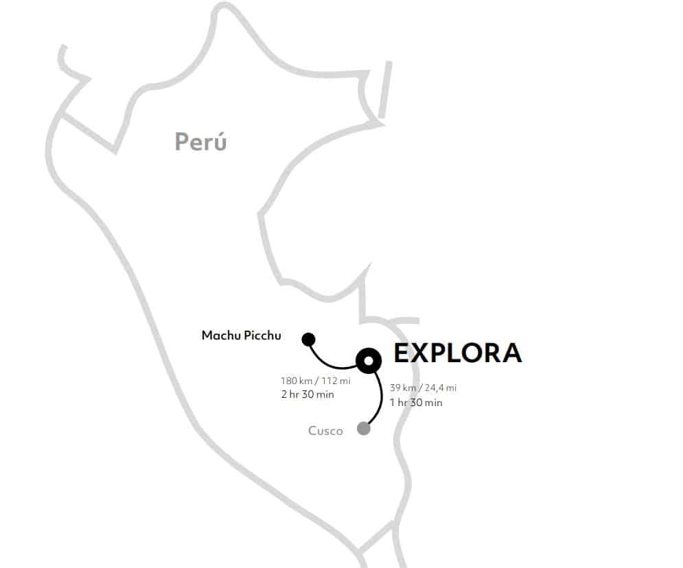 Map showing where Explora Sacred Valley Lodge sits near Cusco and Machu Picchu in southeastern Peru.