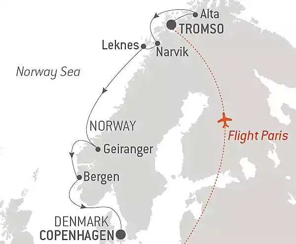 Route map of Ancient Traditions & Norwegian Fjords cruise from Tromso, Norway to Copenhagen, Denmark with visits to Norway's Alta, Leknes, Geiranger & Bergen.