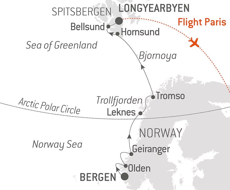 Route map of Fjords & Spitsbergen cruise from Bergen, Norway to Longyearbyen, Spitsbergen with visits to Norway's Olden, Geiranger, Leknes, Tromso, Bjornoya & within Spitsbergen, Hornsund & Bellsund.