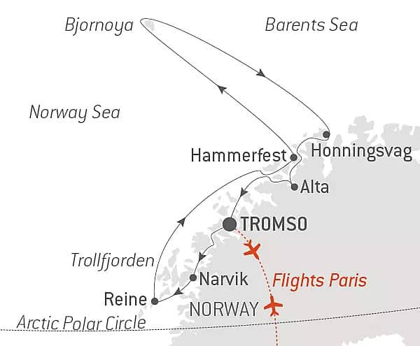 Route map of Nordic Discoveries & Traditions cruise round-trip from Tromso, Norway with visits to Narvik, Reine or Leknes, Hammerfest, Alta, Honningsvag & Bjornoya.