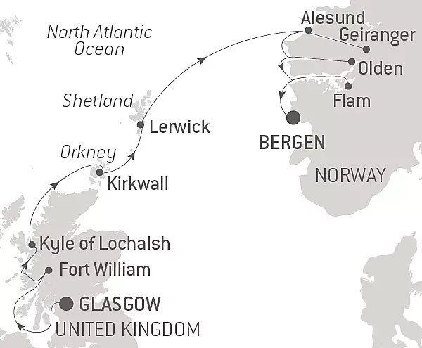 Route map of reverse Scottish Isles & Norwegian Fjords Voyage with Smithsonian Journeys from Glasgow, Scotland to Bergen, Norway with visits to Norway's Olden & Flam & Scotland's Lerwick, Kirkwall, Kyle of Lochalsh & Fort William.