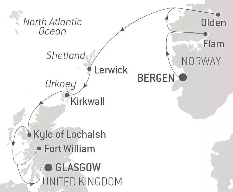 Route map of Scottish Isles & Norwegian Fjords Voyage with Smithsonian Journeys from Bergen, Norway to Glasgow, Scotland with visits to Norway's Olden & Flam & Scotland's Lerwick, Kirkwall, Kyle of Lochalsh & Fort William.