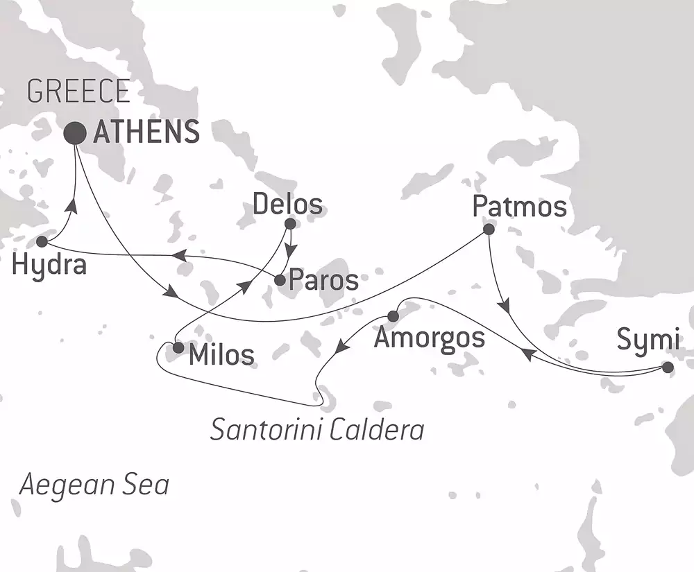 Route map of At The Heart of The Greek Islands Cruise, operating round-trip from Athens with visits to Hydra, Paros, Delos, Milos, Amorgos, Patmos & Symi.