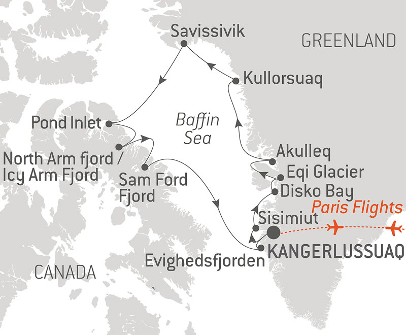 Route map of Baffin Bay Secrets cruise, operating round-trip from Kangerlussuaq, Greenland, with bookend flights connecting Paris, France.