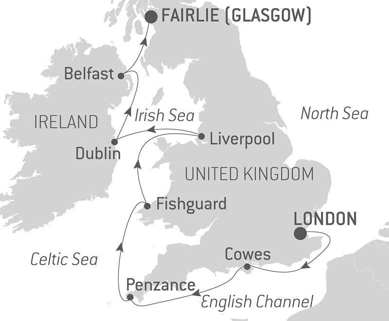 Route map of British Shores & Celtic Heritage cruise from London to Fairlie, nearby to Glasgown with visits along England, Ireland & Scotland.