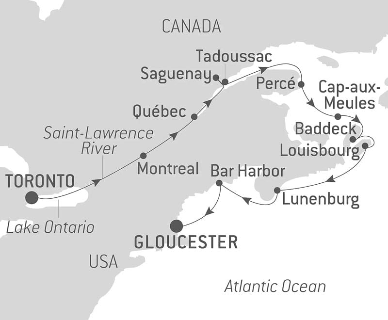 Route map of From Canada to The American East Coast St. Lawrence River cruise, from Toronto to Gloucester, Massachusetts.