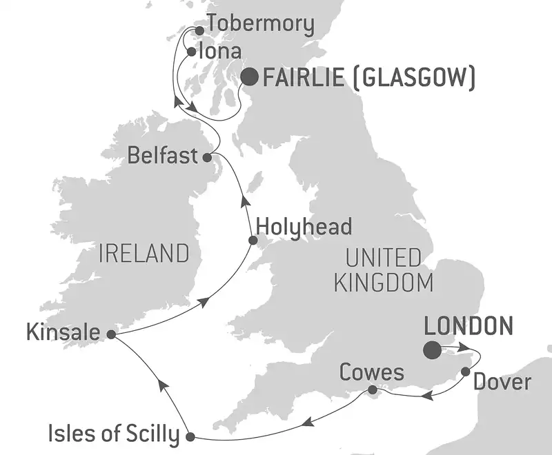 Route map of Celtic Voyage: The Hebrides & The Irish Sea - with Smithsonian Journeys cruise from London to Fairlie, with visits along England, Ireland & Scotland.