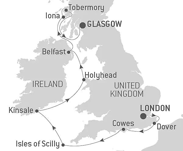 Route map of Celtic Voyage: The Hebrides & The Irish Sea - with Smithsonian Journeys cruise from London to Glasgow with visits along England, Ireland & Scotland.
