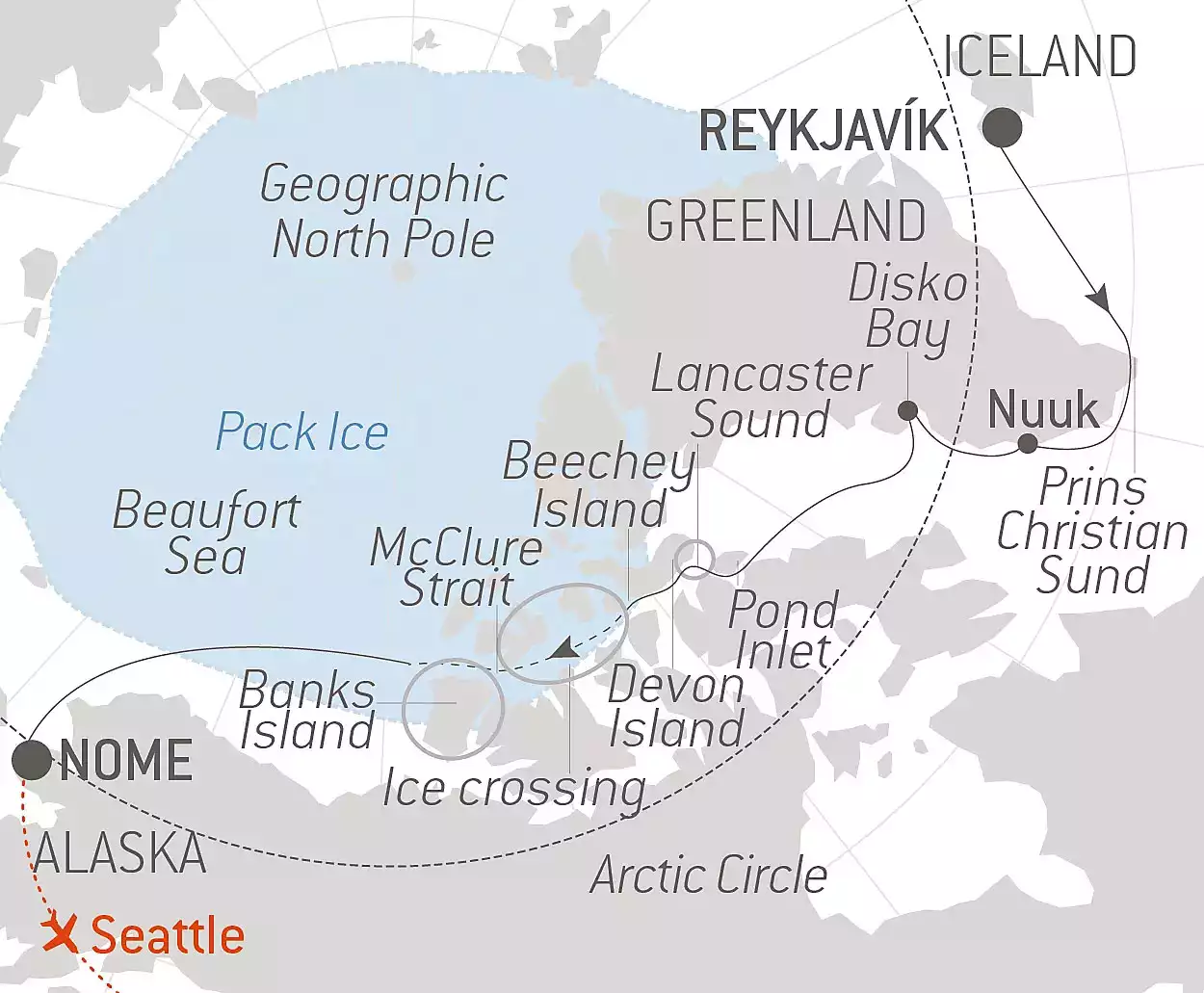 Route map of 2024 Northwest Passage voyage from Reykjavik, Iceland, to Nome, Alaska, with a charter flight to end in Seattle, Washington.