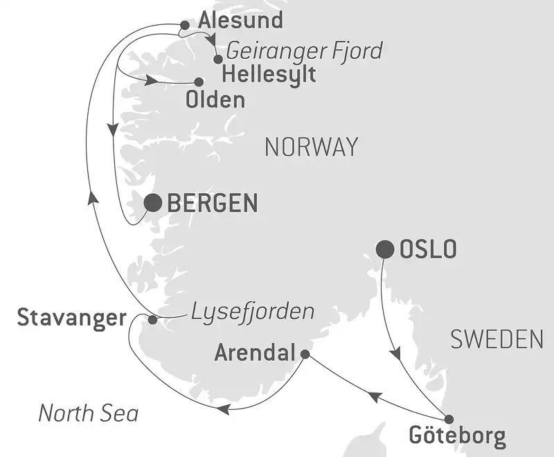 Route map of Cruising the Norwegian Fjords voyage from Oslo to Bergen, Norway.