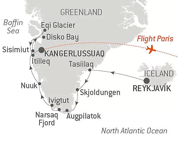 Route map of Expedition to The Ice Edge cruise from Reykjavik, Iceland to Kangerlussuaq, Greenland, ending with a flight to Paris, France.