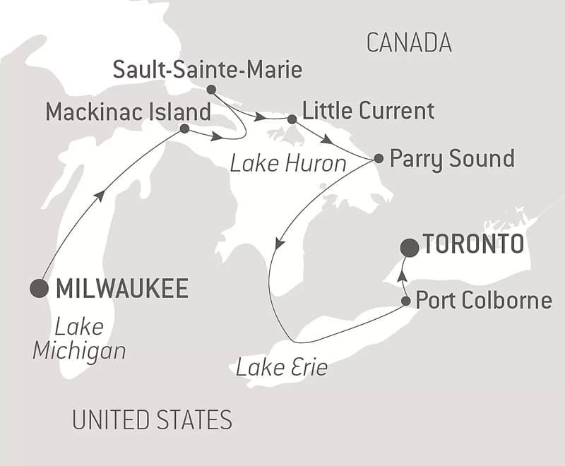 Route map of eastbound Great Lakes of North America cruise from Toronto, Canada to Milwaukee, Wisconsin.