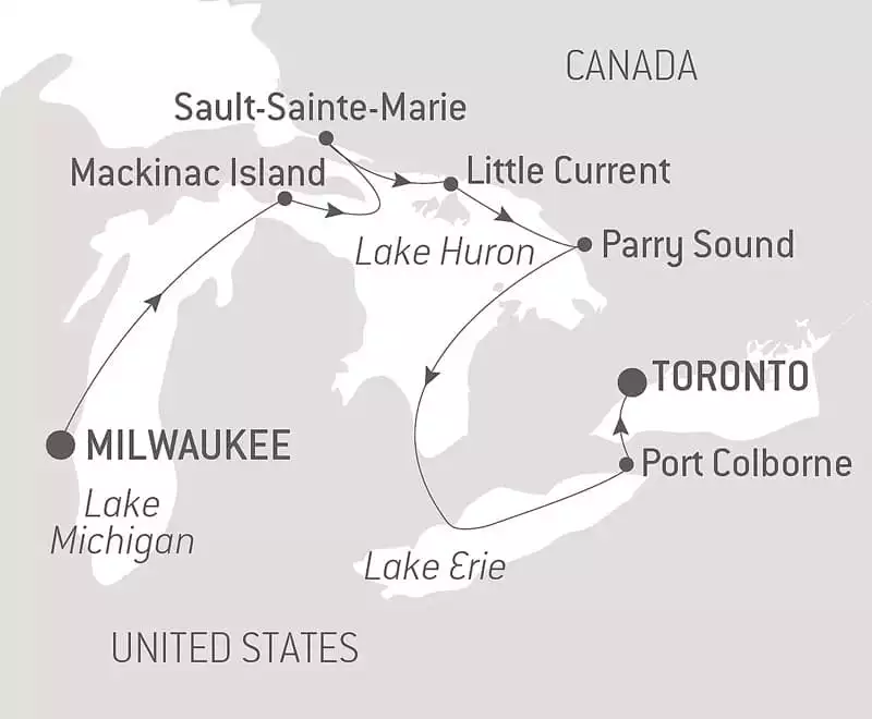 Route map of eastbound Great Lakes of North America cruise from Milwaukee, Wisconsin, to Toronto, Canada.