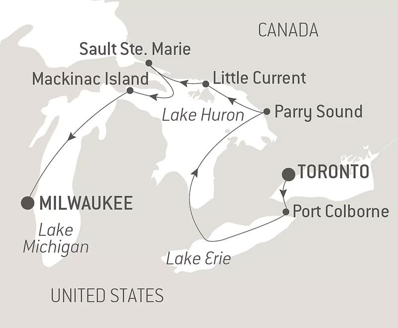 Route map of westbound Great Lakes of North America cruise Milwaukee, Wisconsin to Toronto, Canada.