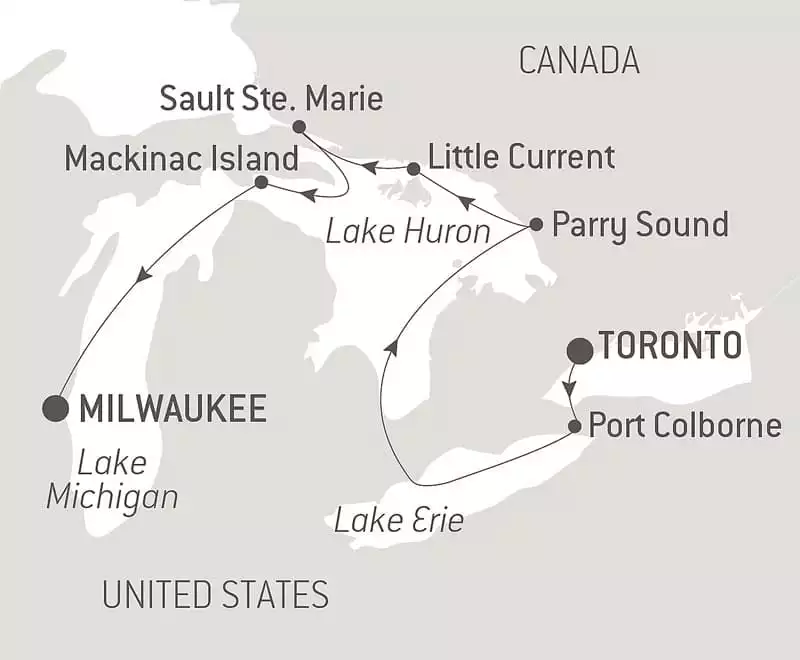 Route map of westbound Great Lakes of North America cruise from Toronto, Canada, to Milwaukee, Wisconsin.