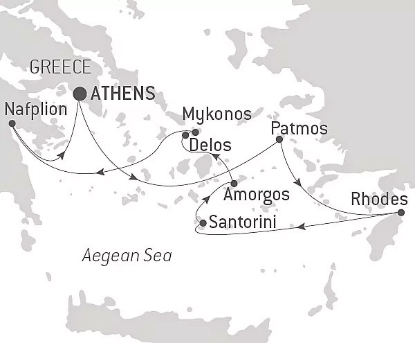 Route map of Cruising The Greek Islands of The Southern Aegean - With Smithsonian Journeys cruise, operating round-trip from Athens with visits to Nafplion, Mykonos, Delos, Amorgos, Santorini, Patmos & Rhodes.