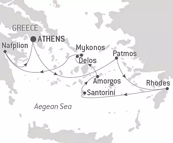 Route map of Cruising The Greek Islands of The Southern Aegean - With Smithsonian Journeys cruise, operating round-trip from Athens with visits to Nafplion, Mykonos, Delos, Amorgos, Santorini, Patmos & Rhodes.