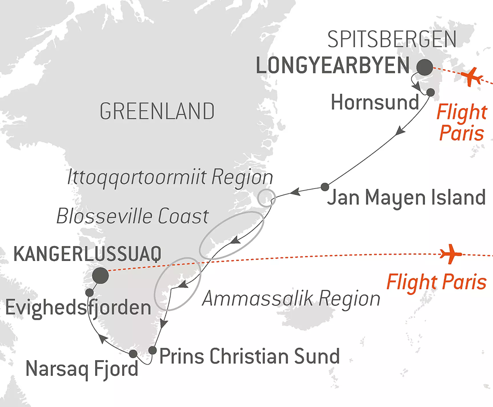Route map of Greenland of Great Explorers cruise from Longyearbyen, Spitsbergen to Kangerlussuaq, Greenland, bookended by flights connecting Paris, France.