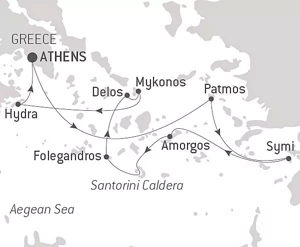 Route map of At The Heart of The Greek Islands Cruise, operating round-trip from Athens with visits to Hydra, Folegandros, Delos, Mykonos, Amorgos, Patmos & Symi.