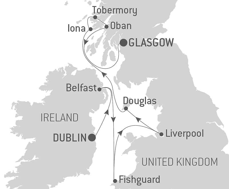 Route map of Musical Adventure in Celtic Lands cruise from Dublin to Glasgow with visits along England, Ireland & Scotland.