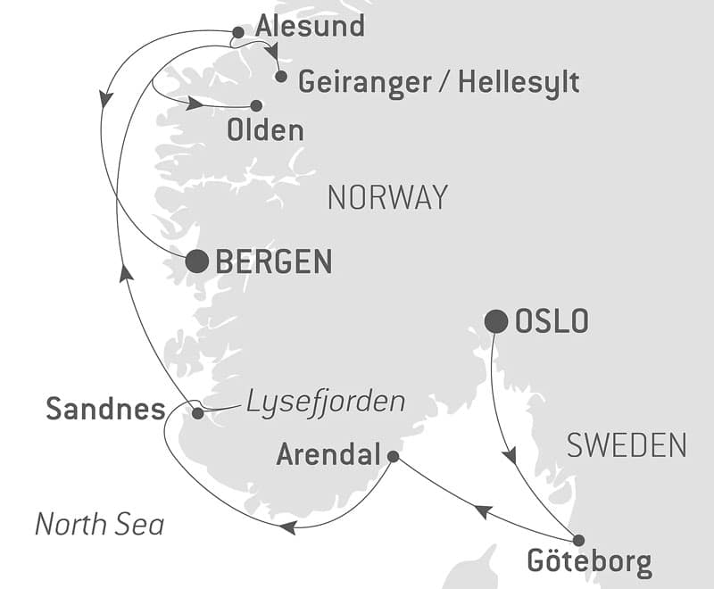 Route map of Norwegian Fjords cruise from Oslo to Bergen with visits to Goteborg, Sweden & Norway's Arendal, Sandnes, Alesund, Geiranger, Hellesylt & Olden.