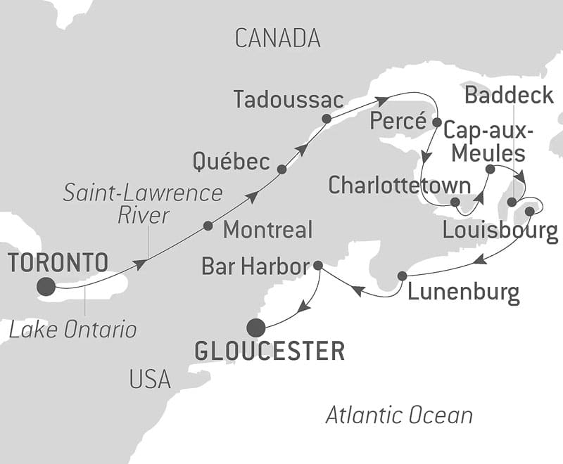 Route map of Symphony on the St. Lawrence: From Québec to the Canadian Maritimes – with Smithsonian Journeys cruise, from Toronto to Gloucester, Massachusetts.