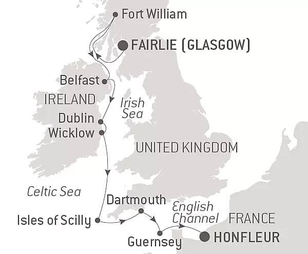 Route map of Treasures of Ireland & The British Archipelagos cruise from Fairlie, nearby to Glasgow, Scotland, to Honfleur, France with visits along England, Ireland & Scotland.