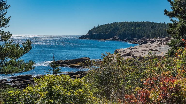 Rocky & forested shoreline of Bar Harbor, Maine on a sunny day seen on a St. Lawrence River cruise.