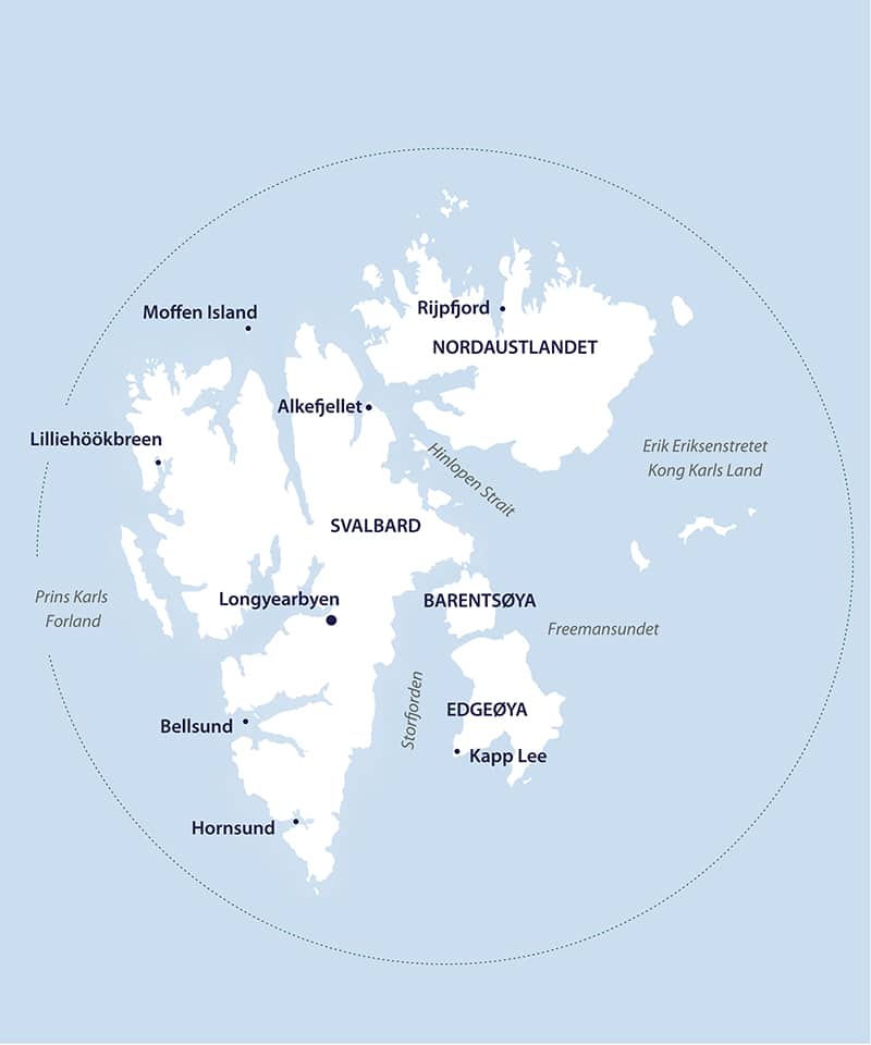 An illustrated map showing the path of the Svalbard Odyssey cruise round-trip from Longyearbyen.