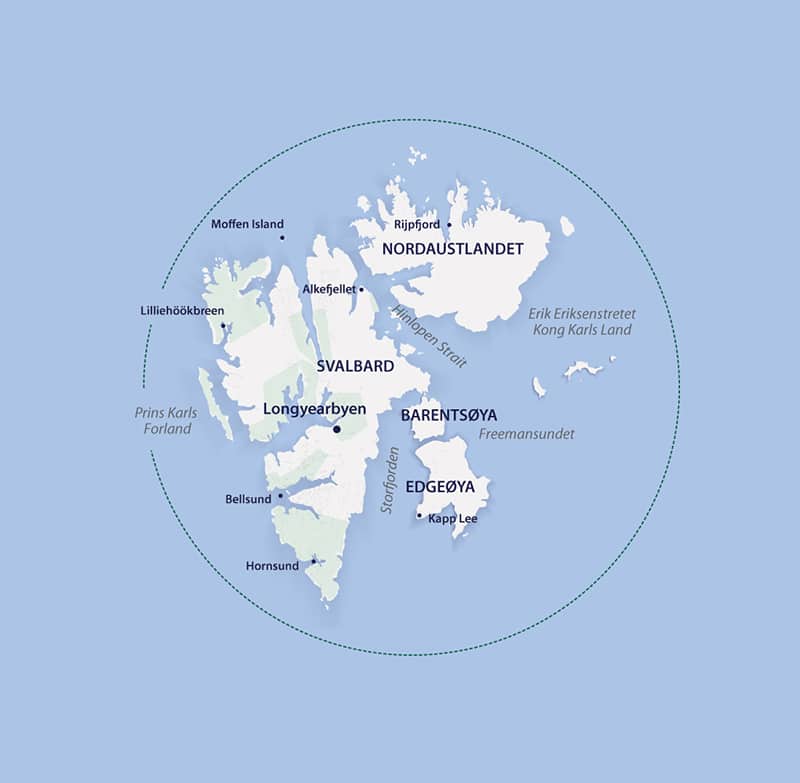 An illustrated map showing the path of the Svalbard In Depth cruise round-trip from Longyearbyen.