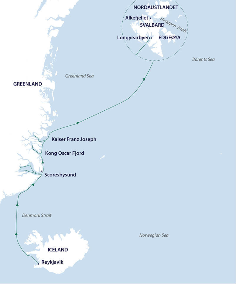 Route map showing the Arctic Complete sailing path from Iceland to Svalbard