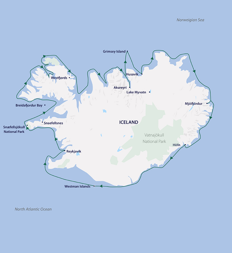 A map showing the entirely of Iceland with the path of the Iceland circumnavigation cruise shown sailing along the coastline