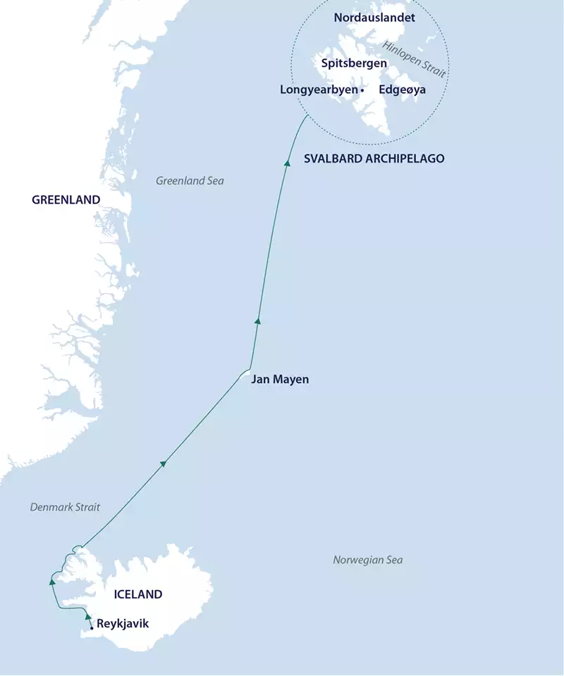 A cruise route map showing a ship's path from Iceland to Svalbard, stopping in the remote Jan Mayen Island.