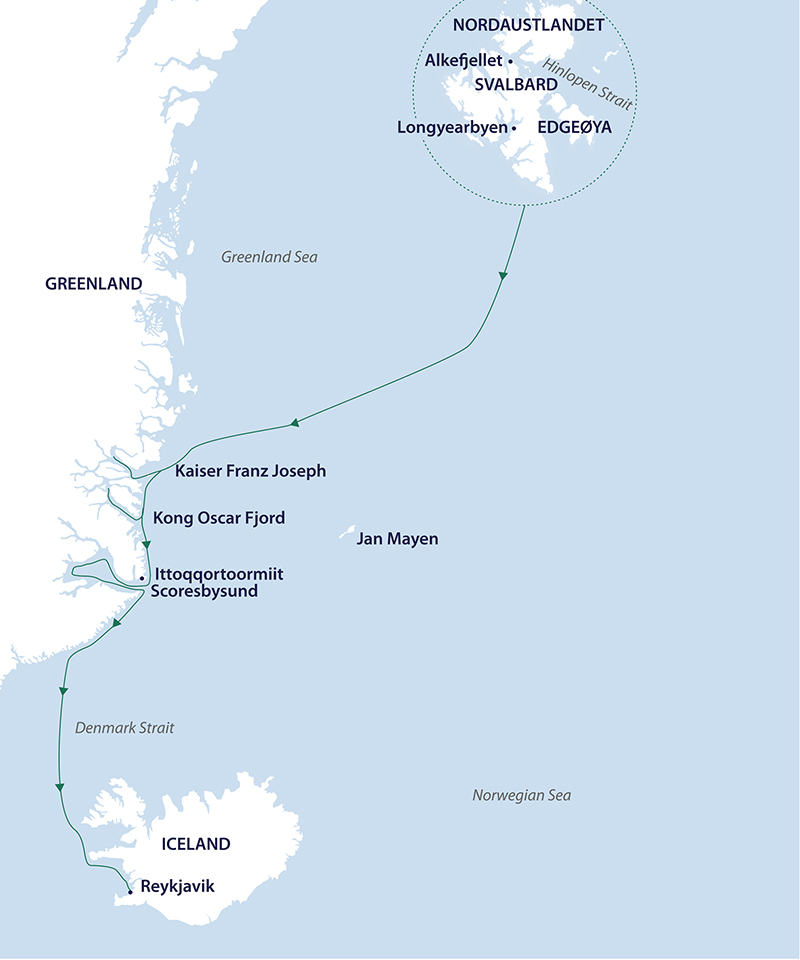 A route map showing the Jewels of the Arctic itinerary from Svalbard to Iceland by way of Greenland's East Coast and Scoresbysund.