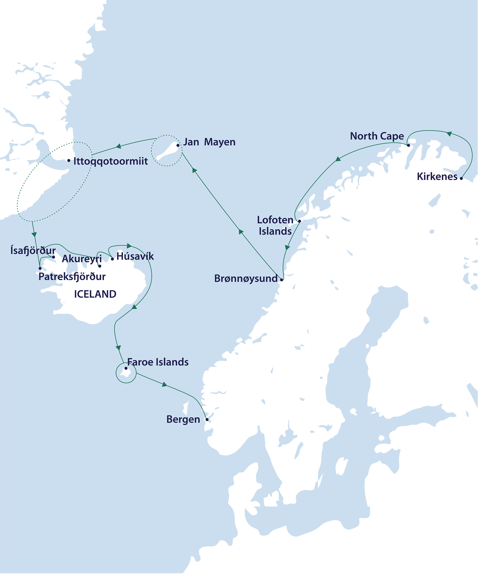 A map showing the cruise route of a Northern Lights itinerary sailing in Norway, Iceland and Greenland.