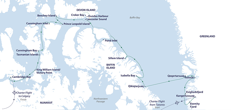 A white and blue colored map showing the path of the Northwest Passage expedition from Toronto to Calgary