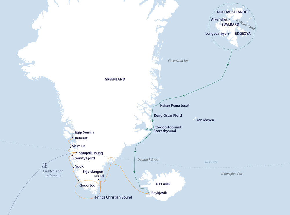 A route map showing the Arctic Cultures & Wilderness cruise itinerary from Svalbard to Toronto, Canada by way of Greenland's east & west Coasts & Iceland.