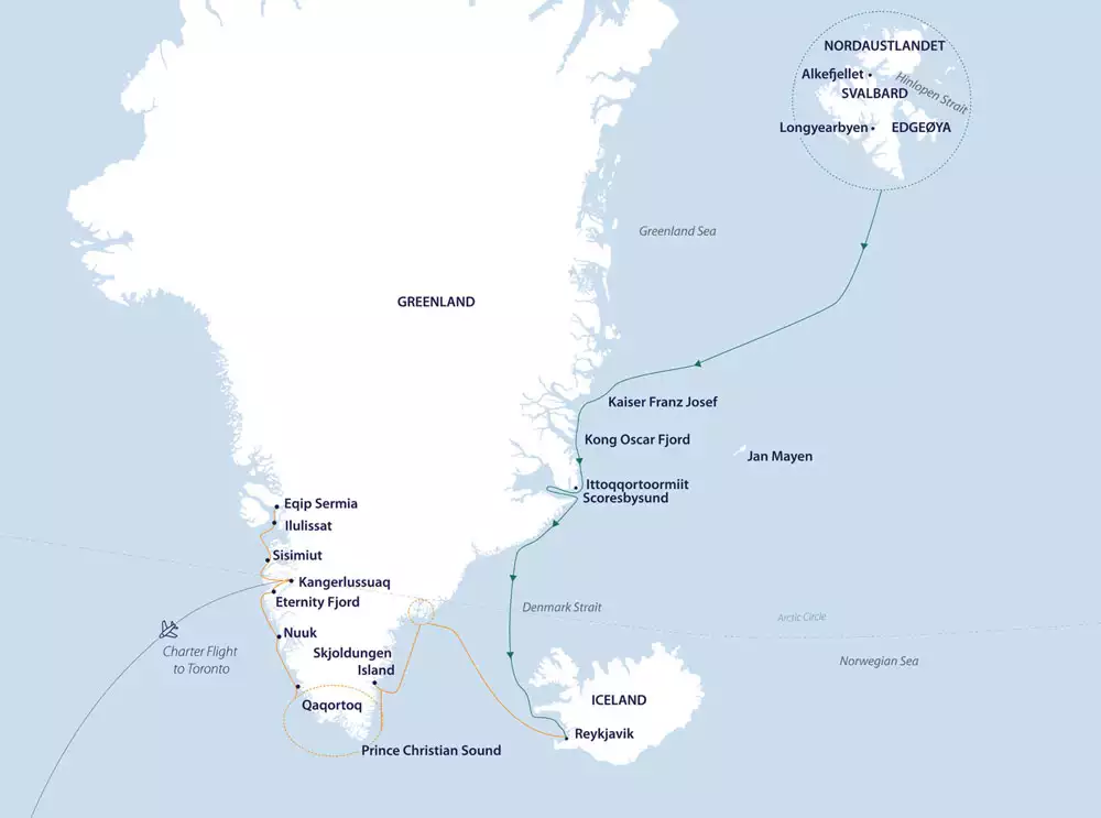 A route map showing the Arctic Cultures & Wilderness cruise itinerary from Svalbard to Toronto, Canada by way of Greenland's east & west Coasts & Iceland.
