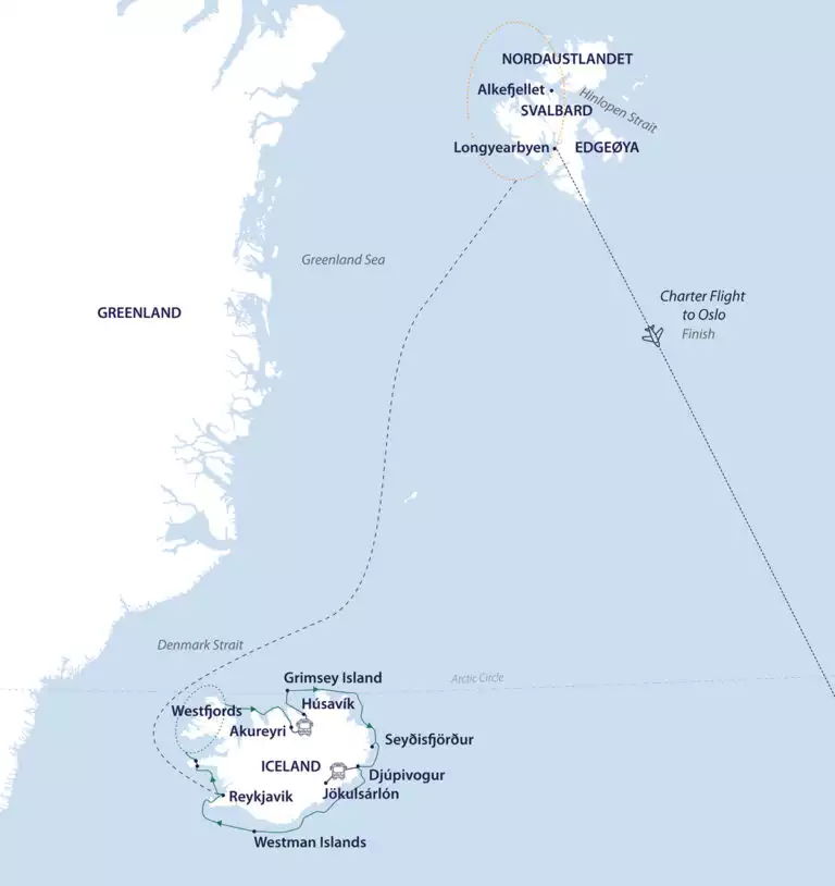 Route map of Arctic Wonders: Iceland & Spitsbergen cruise from Reykjavik to Longyearbyen, ending with a flight to Oslo, Norway.