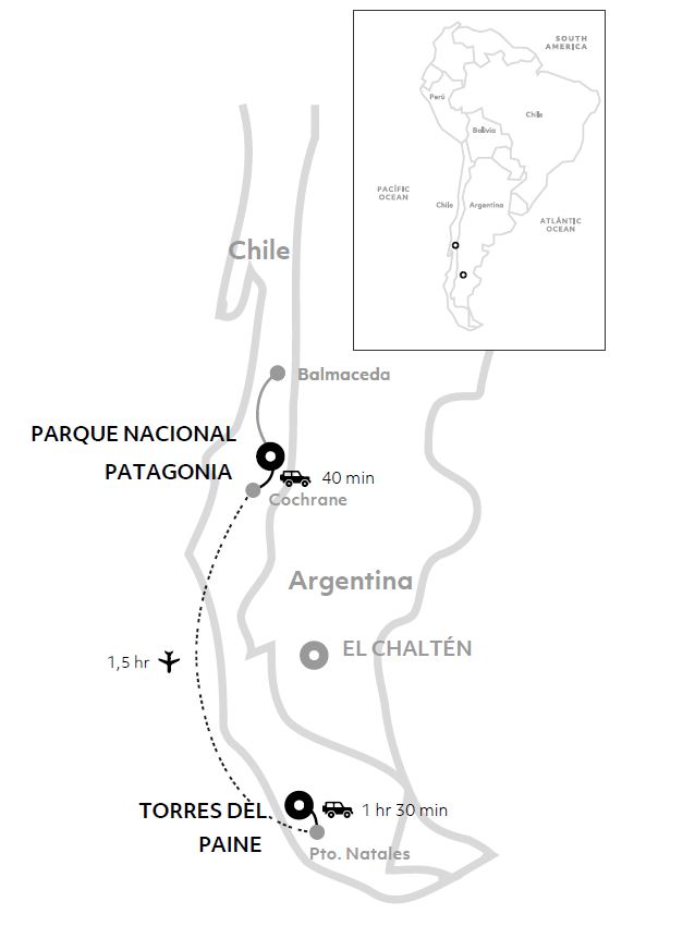 Route map of Discover Chilean Patagonia Explora Connects itinerary linking Torres del Paine with Patagonia National Park.